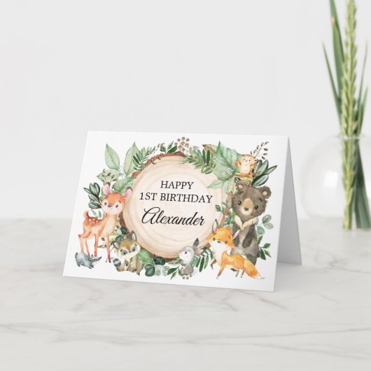 Schattigee bosbeboste dieren vrolijk jarig kaart (Voorkant)