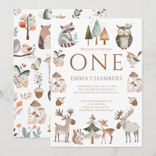 Schattigee bosdieren 1e verjaardag kaart (Voorkant / Achterkant)