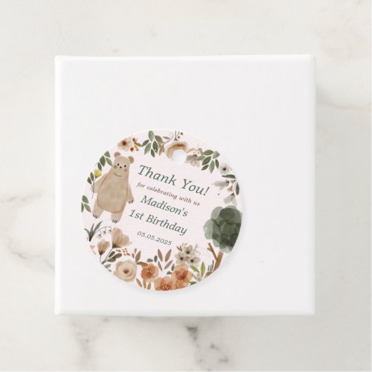 Schattigee bosdieren 1e verjaardagsfeest bedankjes labels (In situ)