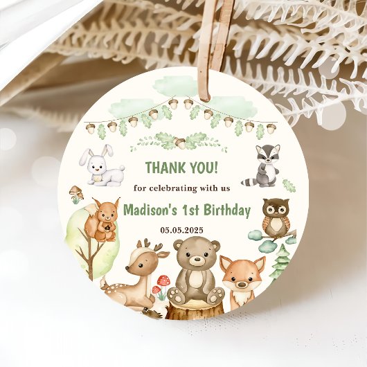 Schattigee bosdieren 1e verjaardagsfeest bedankjes labels