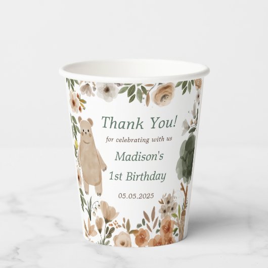 Schattigee bosdieren 1e verjaardagsfeest papieren bekers (Achterkant)