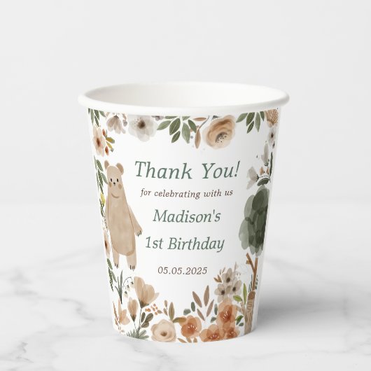 Schattigee bosdieren 1e verjaardagsfeest papieren bekers (Voorkant)