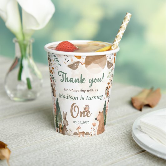 Schattigee bosdieren 1e verjaardagsfeest papieren bekers (Insitu)
