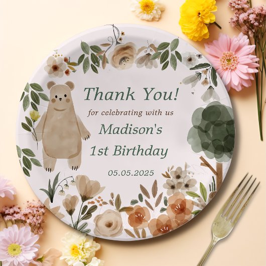 Schattigee bosdieren 1e verjaardagsfeest papieren bordje