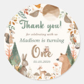 Schattigee bosdieren 1e verjaardagsfeest ronde sticker (Voorkant)