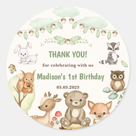 Schattigee bosdieren 1e verjaardagsfeest ronde sticker (Voorkant)