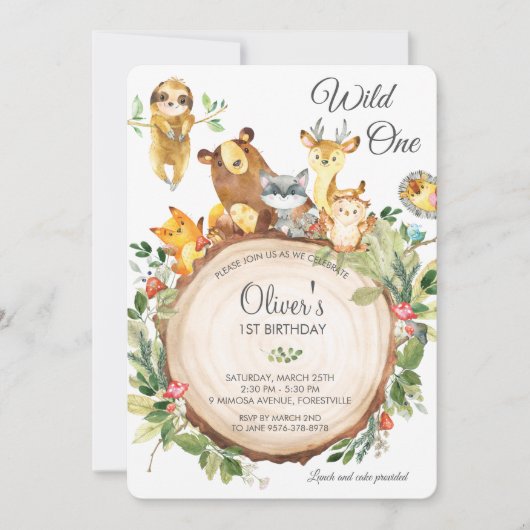Schattigee bosdieren 1e verjaardagsfeestje wild éé kaart (Voorkant)