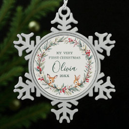 Schattigee bosdieren Baby eerste kerstdag Tin Sneeuwvlok Ornament