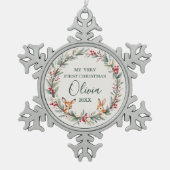 Schattigee bosdieren Baby eerste kerstdag Tin Sneeuwvlok Ornament (Voorkant)