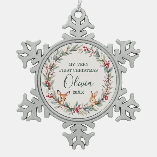 Schattigee bosdieren Baby eerste kerstdag Tin Sneeuwvlok Ornament (Voorkant)