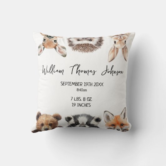 Schattigee bosdieren Baby Geboortestatistieken Kussen (Achterkant)