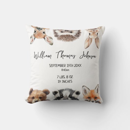 Schattigee bosdieren Baby Geboortestatistieken Kussen (Voorkant)