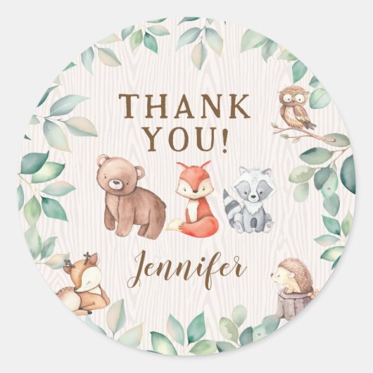 Schattigee bosdieren baby shower dank u stickers (Voorkant)