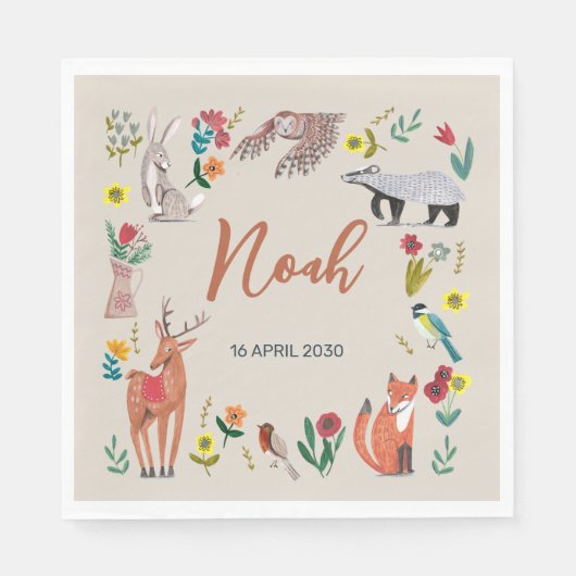 Schattigee bosdieren Beige Baby shower Servet (Voorkant)