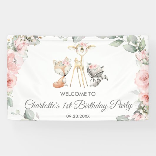Schattigee bosdieren bloemenverjaardagsachtergrond spandoek (Horizontaal)