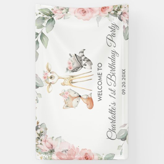 Schattigee bosdieren bloemenverjaardagsachtergrond spandoek (Verticaal)