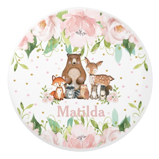 Schattigee bosdieren blozen roze bloemenkwekerij keramische knop (Voorkant)