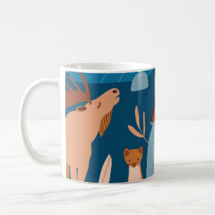 Schattigee bosdieren, donker naadloos ontwerp. koffiemok