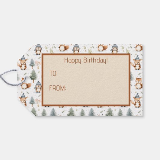 Schattigee bosdieren eekhoorns in de winter cadeaulabel (Achterkant Horizontaal)