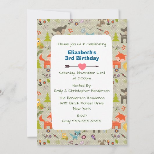 Schattigee bosdieren en bloemen verjaardagsuitnodi kaart (Voorkant)