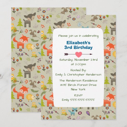 Schattigee bosdieren en bloemen verjaardagsuitnodi kaart (Voorkant / Achterkant)