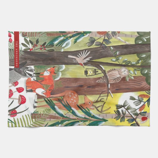 Schattigee bosdieren groen bos kerst theedoek (Horizontaal)
