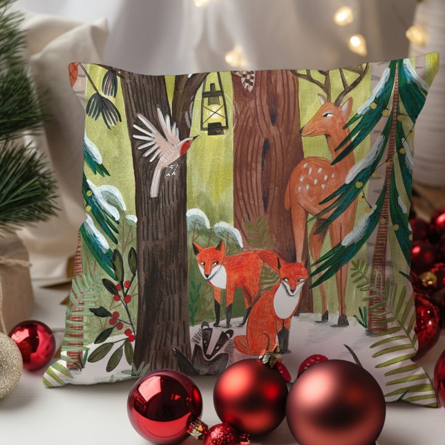 Schattigee bosdieren Groene Kerstmis Kussen (Cute Woodland animals Green Christmas Throw Pillow)