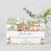 Schattigee bosdieren Hout Één 1e Verjaardag Bedankkaart (Staand voorkant)