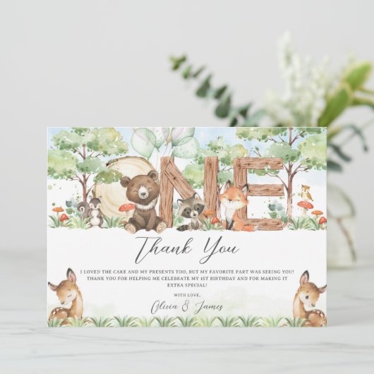 Schattigee bosdieren Hout Één 1e Verjaardag Bedankkaart (Staand voorkant)