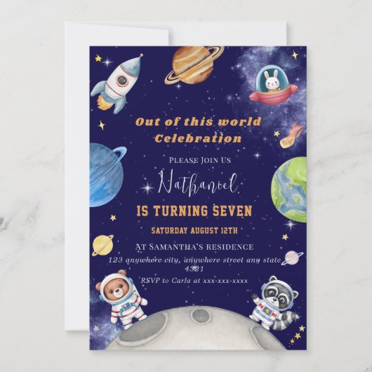 Schattigee bosdieren in de ruimte jarig kaart (Voorkant)