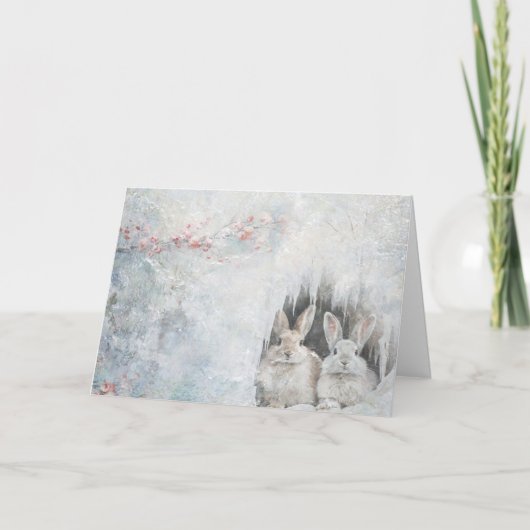 Schattigee bosdieren konijnen in sneeuwgroet kaart (Voorkant)