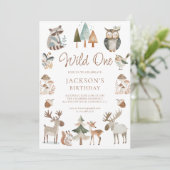 Schattigee bosdieren op één 1e verjaardag kaart (Staand voorkant)