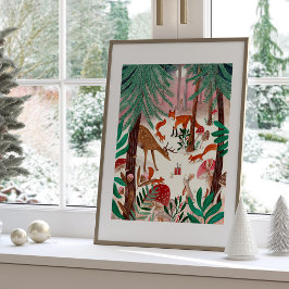 Schattigee bosdieren roze kerstbos poster