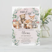 Schattigee bosdieren Roze Wilde Een 1e verjaardag Kaart (Staand voorkant)