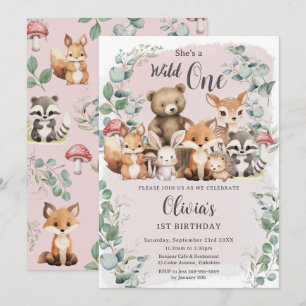 Schattigee bosdieren Roze Wilde Een 1e verjaardag Kaart