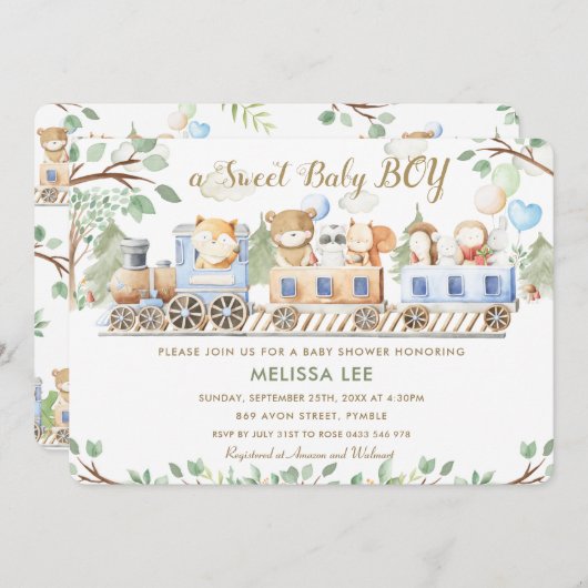 Schattigee bosdieren Train Greenery Baby shower Kaart (Voorkant / Achterkant)
