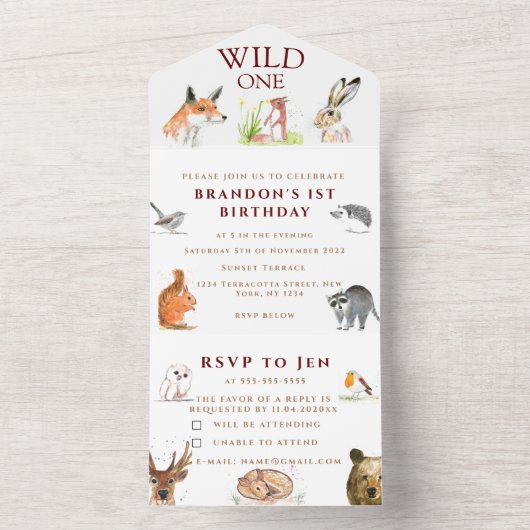 Schattigee bosdieren wild een 1e verjaardagsjongen all in one uitnodiging (Binnen)