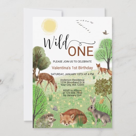 Schattigee bosdieren wild een eerste 1e verjaardag kaart (Voorkant)