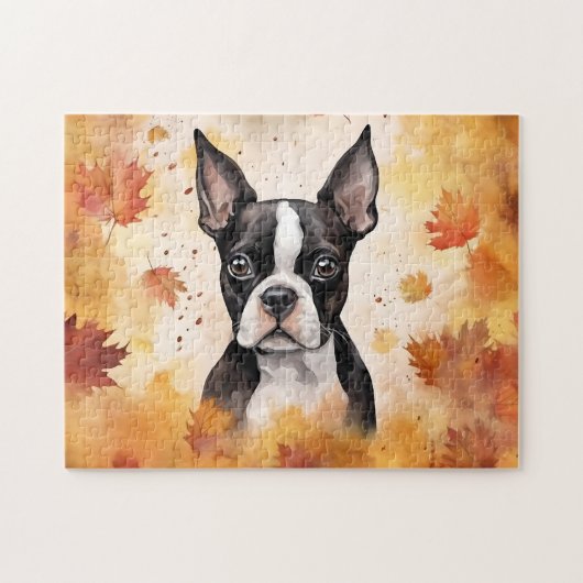 Schattigee Boston Terrier Dog/Autumn/Herfst Legpuzzel (Horizontaal)