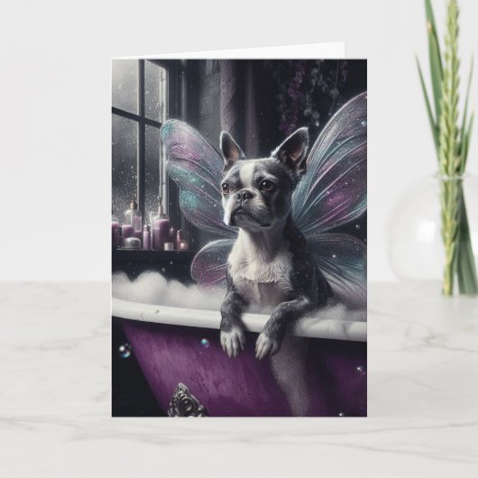 Schattigee Boston Terrier Fairy in een Paarse badk Kaart (Voorkant)