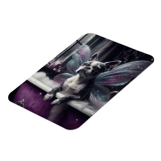 Schattigee Boston Terrier Fairy in een Paarse badk Magneet (Linkerzijde)