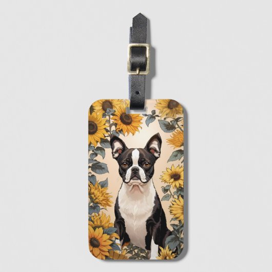 Schattigee Boston Terrier gele zonnebloemen Bagagelabel (Voorkant (verticaal))