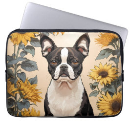 Schattigee Boston Terrier gele zonnebloemen Laptop Sleeve
