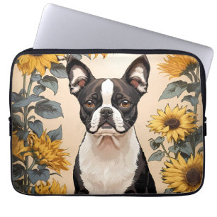 Schattigee Boston Terrier gele zonnebloemen Laptop Sleeve