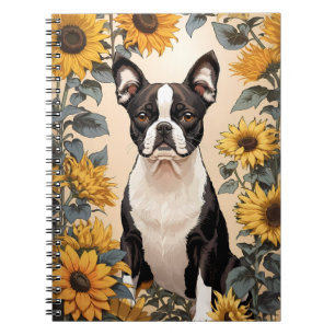Schattigee Boston Terrier gele zonnebloemen Notitieboek