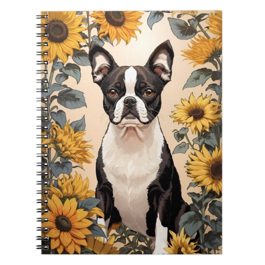 Schattigee Boston Terrier gele zonnebloemen Notitieboek (Voorkant)