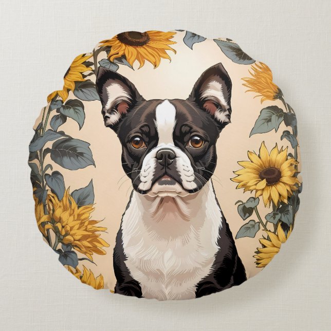 Schattigee Boston Terrier gele zonnebloemen Rond Kussen (Voorkant)