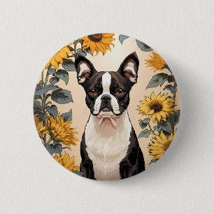 Schattigee Boston Terrier gele zonnebloemen Ronde Button 5,7 Cm