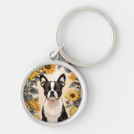 Schattigee Boston Terrier gele zonnebloemen Sleutelhanger
