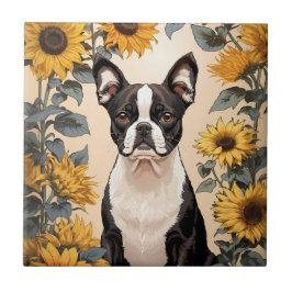 Schattigee Boston Terrier gele zonnebloemen Tegeltje